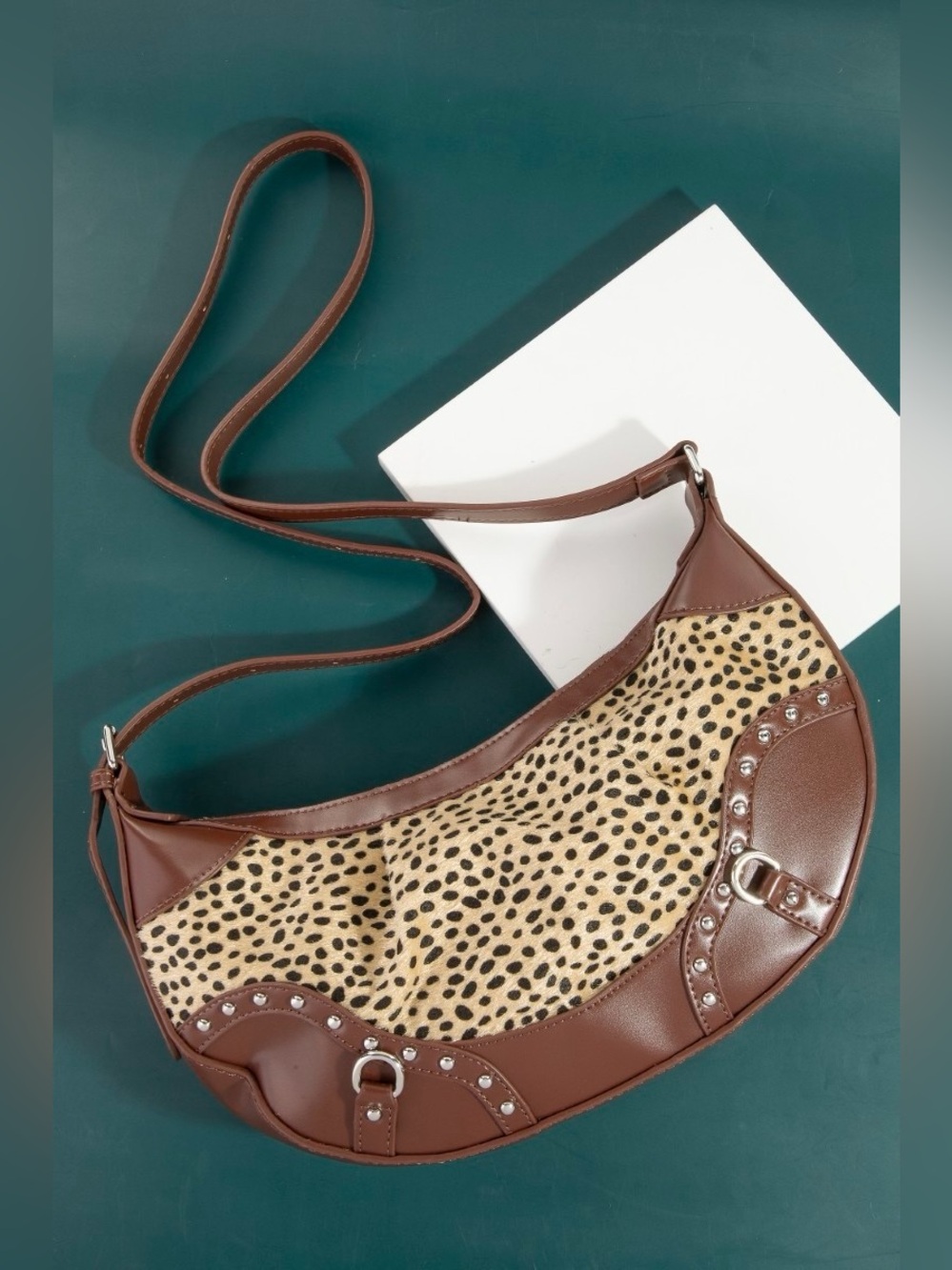 Fame Spotted Leopard Print Half Moon Shoulder Bag